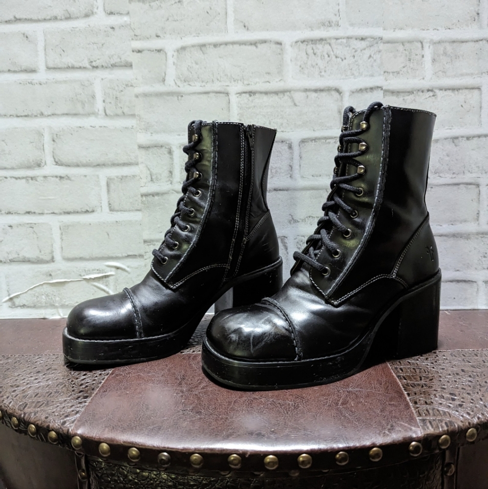 Frye Vintage Y2K Villager Boot Lace Up Zip Stitch 70's Chunky Heel Black Size 9 - Picture 6 of 16
